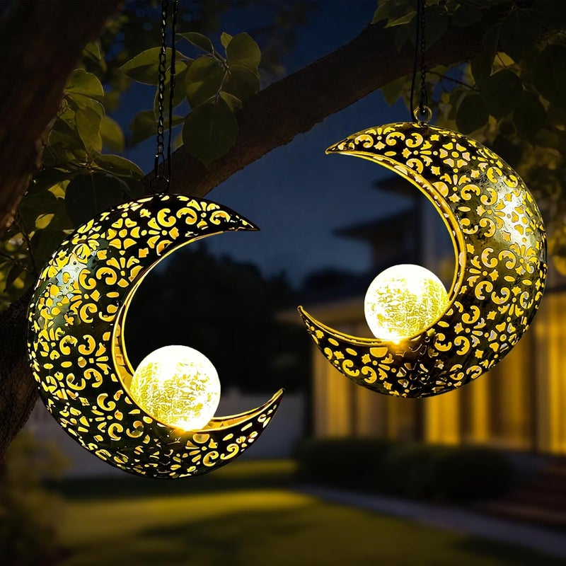 CF Solar Garden Hanging Moon Lights Outdoor Decor,2 Pack Metal Lanterns Art Decorations for Outside Yard Lawn Patio Wall Fences Driveway Trail,Unique Housewarming Gardening Gifts for Women Mom - Image 1
